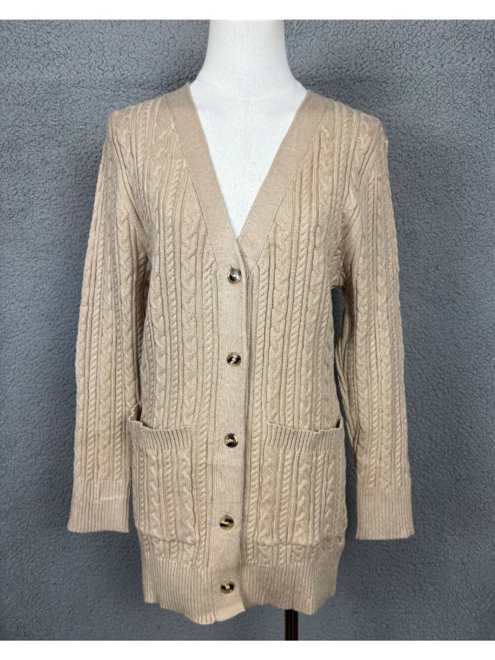 Allegra K Women's Beige Cable Knit Button-Front Cardigan Sweater Size Small NWTs